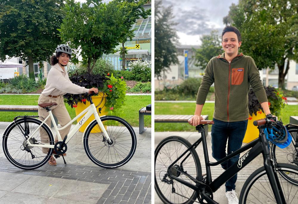 Geero E-Bike Leonding Links eine junge Frau, rechts ein junger Mann mit Geero E-Bike