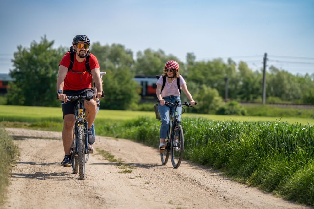 Bienen_Blumenradeln_c_OEBB_Posch.jpg 3 Personen radeln mit ÖBB Zug im Hintergrund
